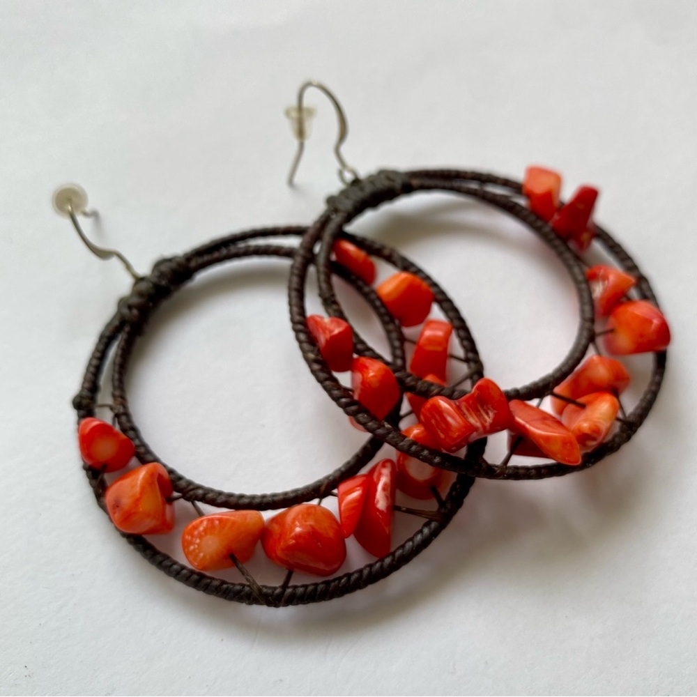 Genuine Coral Chip Double Hoop Boho Earrings